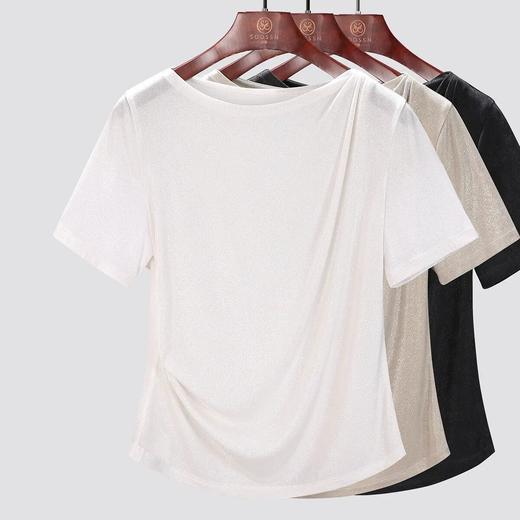 【自】全新升级【铂金会员128/天猫169/差价41】(15808) 洛诗琳醋酸短袖T恤2025新款时尚纯色一字肩显瘦醋酸烫金上衣 商品图3