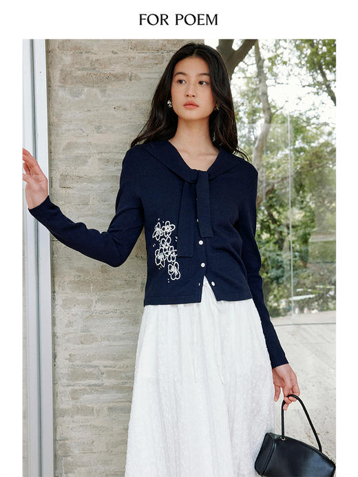 ForPoem 现货 25/SS原创设计春夏薄款刺绣花朵水手领亚麻针织开衫外套 商品图2