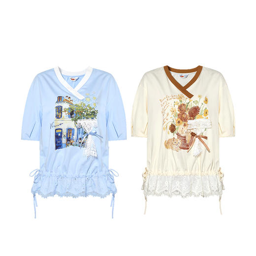 两三事梵高文艺露台寻香2025春季新款抽绳绑带蕾丝下摆印花t恤女S25CT340 商品图4