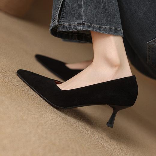 【预售5天】四季通勤细跟单鞋女新款气质尖头磨砂羊皮OL工作鞋黑色浅口高跟鞋SLLK&sl-7892 商品图4