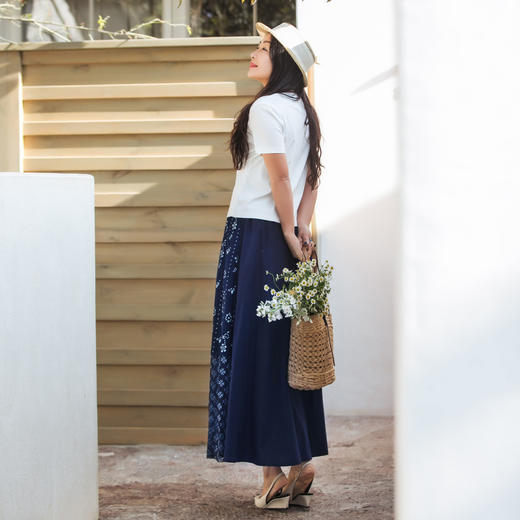 【林栖设计小店】（现货）纯棉半身裙蓝印花布铁线莲拼蕾丝花边复古2025春夏新品裙子女1952008 商品图4