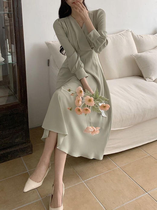 V领长袖雪纺裙 商品图2