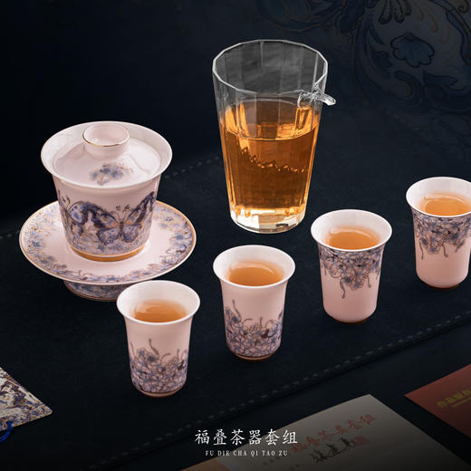 【福气重叠 好运连连】福叠·茶器套组/冰种玉瓷茶具套组，徐建勇大师签章 品质保证，凝脂似玉 细腻莹润，堆金工艺 触感立体，精美包装 gao端豪礼 商品图0