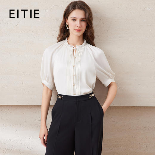 EITIE爱特爱复古连肩泡泡袖显瘦珠光缎面白色上衣夏新款B2509602 商品图0