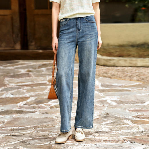 OLrain欧芮儿蓝色高腰牛仔裤女春季2025年新款通勤复古显瘦直筒裤 商品图2