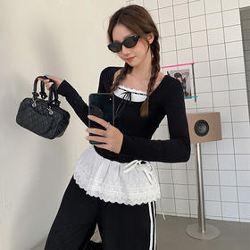 西遇假两件长袖T恤女2025年新款内搭设计感蕾丝拼接修身上衣SS150192