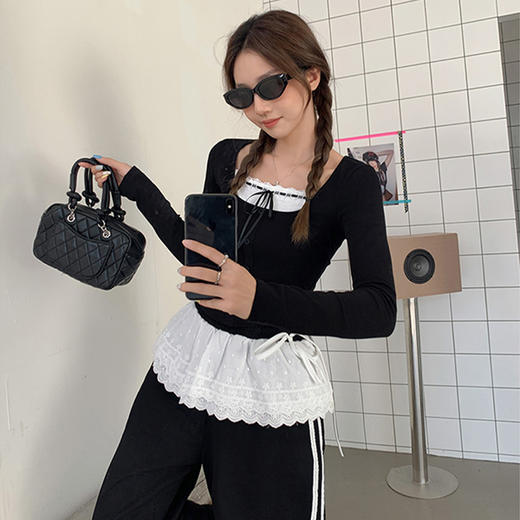 西遇假两件长袖T恤女2025年新款内搭设计感蕾丝拼接修身上衣SS150192 商品图0