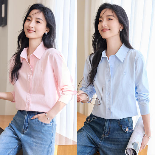 VICTORIA&VERA春季“极简多巴胺”治愈系全棉亲肤简约百搭小马刺绣通勤微透衬衫 商品图3