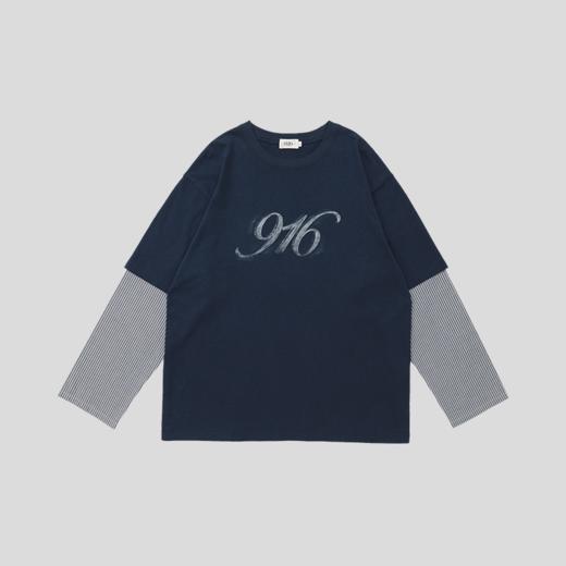 GOODBAI 916 logo做旧印花圆领假两件撞色oversize长袖T恤 商品图3