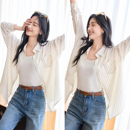 VICTORIA&VERA春季“水生浮想”系列咖色细闪竖条纹宽松松弛感慵懒衬衫 商品图1