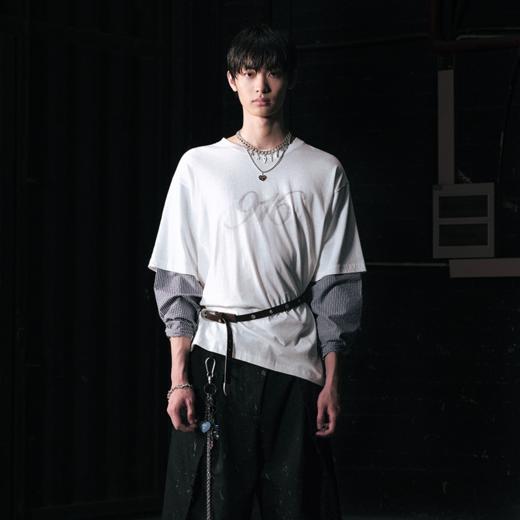 GOODBAI 916 logo做旧印花圆领假两件撞色oversize长袖T恤 商品图0