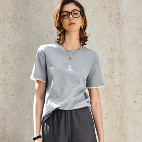 OLrain欧芮儿法式灰色T恤女春季2025年新款拼接蕾丝印花短袖上衣