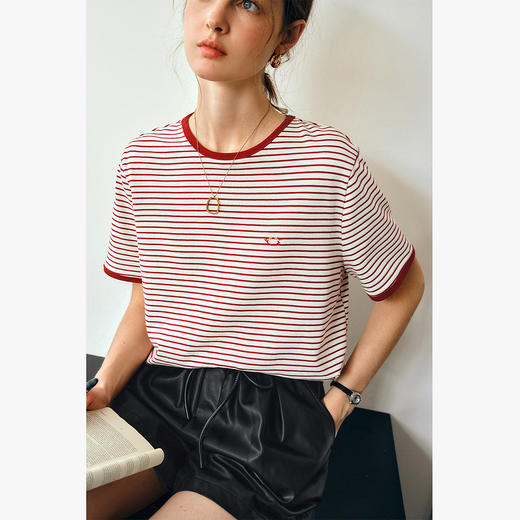 OLrain欧芮儿复古红色条纹撞色短袖T恤女春季2025年新款休闲上衣 商品图2