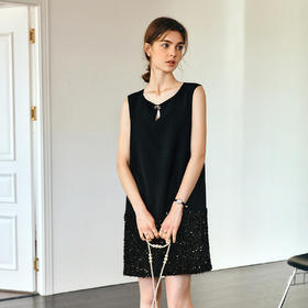 OLrain欧芮儿法式黑色连衣裙女春季2025年新款无袖拼接亮片短裙