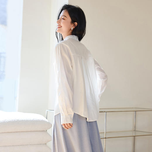 VICTORIA&VERA春季“素樱物语”系列复古法式优雅风白色蕾丝翻领口袋衬衫 商品图7