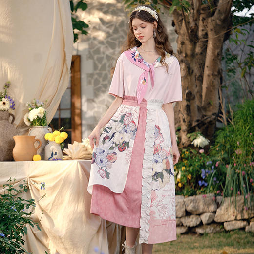 两三事梵高文艺花调游弋2025春季新款小清新印花海军领绑带t恤女S25CT352 商品图3