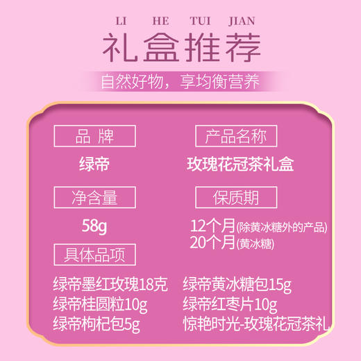 绿帝惊艳时光-玫瑰花冠茶礼盒58g冻干墨红玫瑰花冠茶12朵
迷你甜40g（桂圆粒10g、红枣片10g、枸杞5g、黄冰糖15g) 商品图2