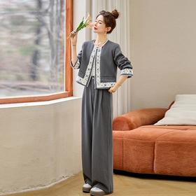 时尚刺绣钩花小香风套装，时尚气质休闲显瘦阔腿裤两件套HR-YQH2639