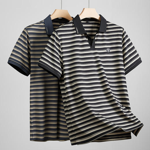 【冰丝弹力】【DKP】大依优型大码V领短袖Polo衫条纹翻领T恤休闲短袖男宽松T恤上衣胖子 商品图1