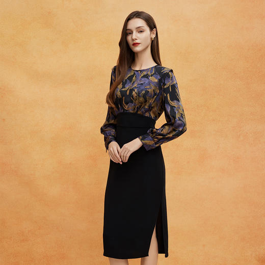 QE824斯尔丽2025春季新款韩版立体肩型时尚印花拼接修身半裙连衣裙 商品图2