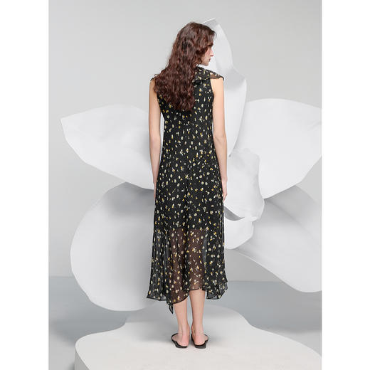 三彩2025春季新款真丝连衣裙桑蚕丝荷叶边V领长裙不规则S 商品图3