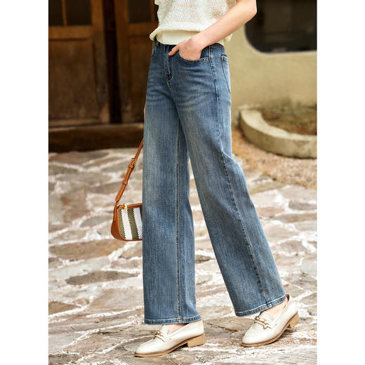 OLrain欧芮儿蓝色高腰牛仔裤女春季2025年新款通勤复古显瘦直筒裤 商品图0