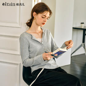 Olrain欧芮儿2025春季新款灰色蕾丝拼接设计简约法式长袖T恤女