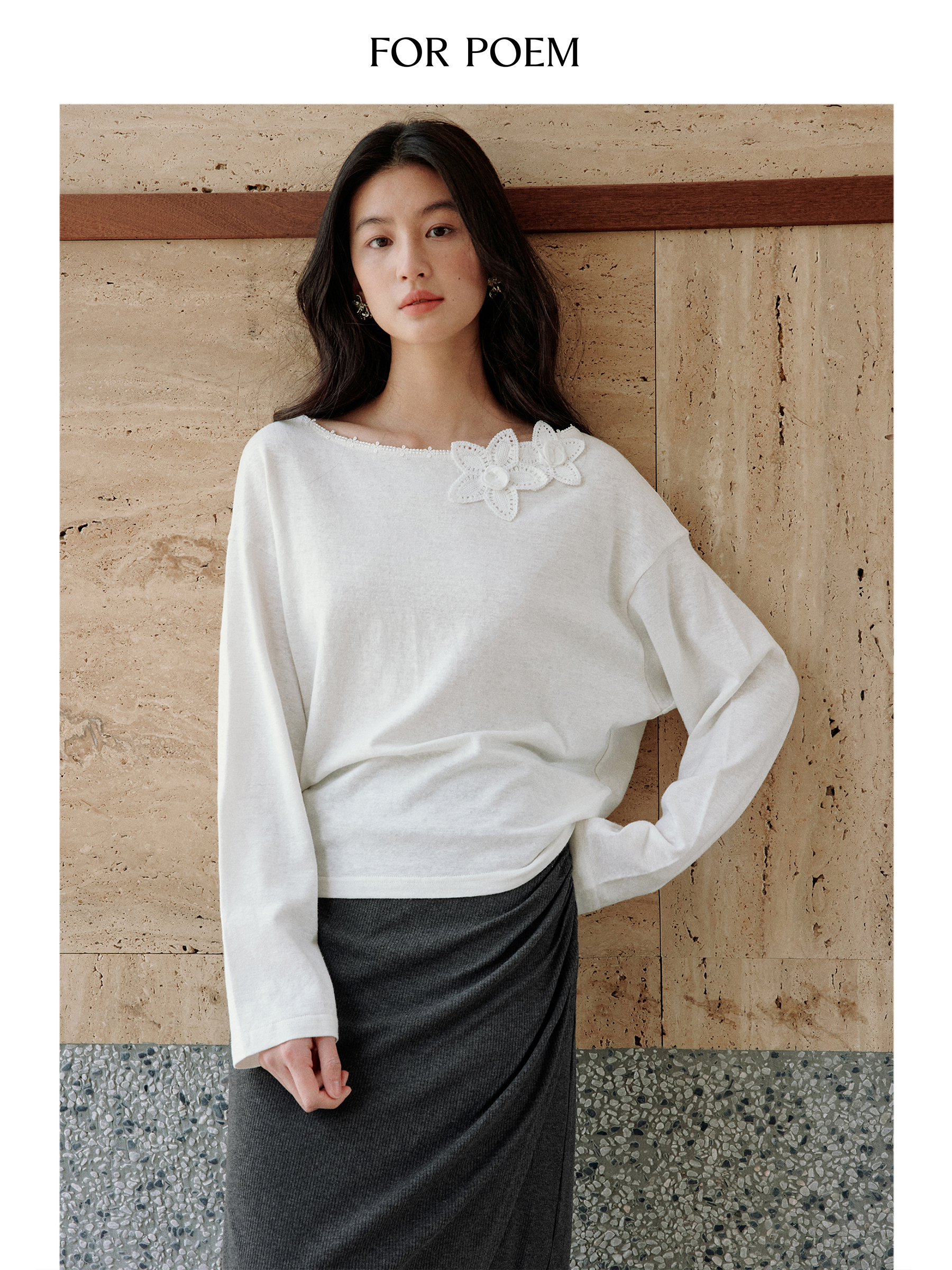 ForPoem 现货 25/SS原创设计花朵织带汉麻有机棉一字肩倒三角T恤上衣