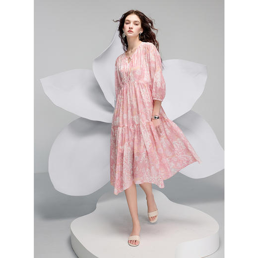 三彩2025春季新款碎花连衣裙两件套圆领系带七分袖长裙浪漫S 商品图3