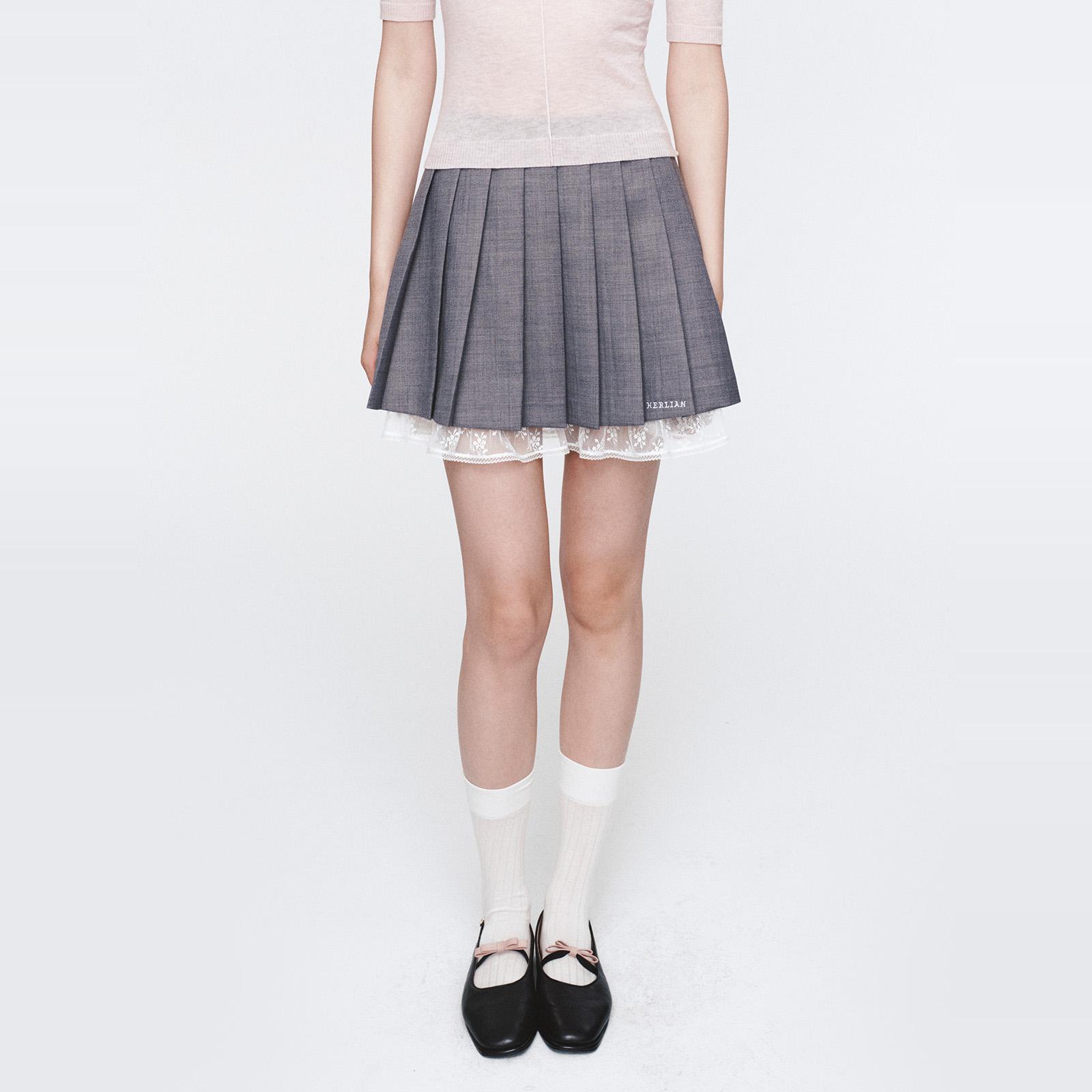HERLIAN 2025年春季女士蕾丝拼接刺绣logo百褶短裙