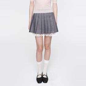 HERLIAN 2025年春季女士蕾丝拼接刺绣logo百褶短裙