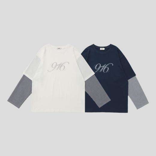 GOODBAI 916 logo做旧印花圆领假两件撞色oversize长袖T恤 商品图1