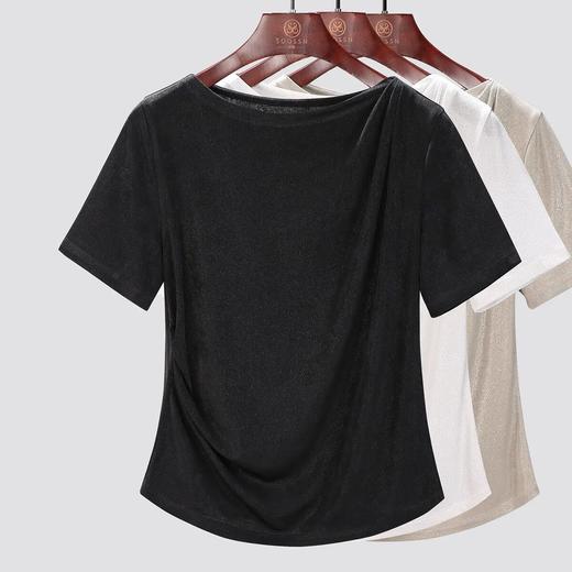 【自】全新升级【铂金会员128/天猫169/差价41】(15808) 洛诗琳醋酸短袖T恤2025新款时尚纯色一字肩显瘦醋酸烫金上衣 商品图1