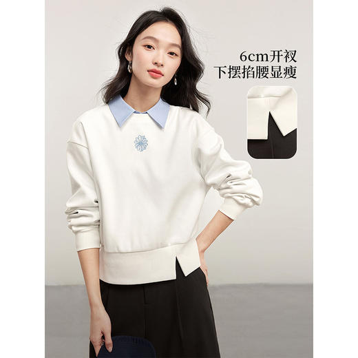 【年终特卖】熙世界运动风开衩收腰卫衣女休闲圆领小个子套头上衣2025春秋新款 商品图2