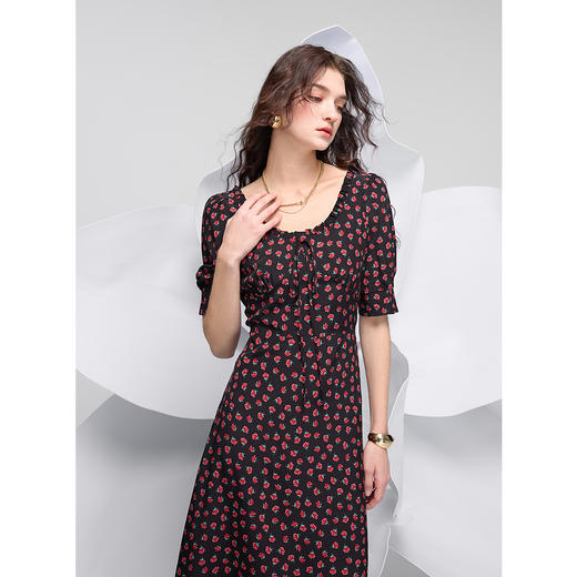 三彩2025春季新款玫瑰印花连衣裙法式浪漫长裙木耳边S 商品图2