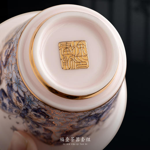 【福气重叠 好运连连】福叠·茶器套组/冰种玉瓷茶具套组，徐建勇大师签章 品质保证，凝脂似玉 细腻莹润，堆金工艺 触感立体，精美包装 gao端豪礼 商品图5