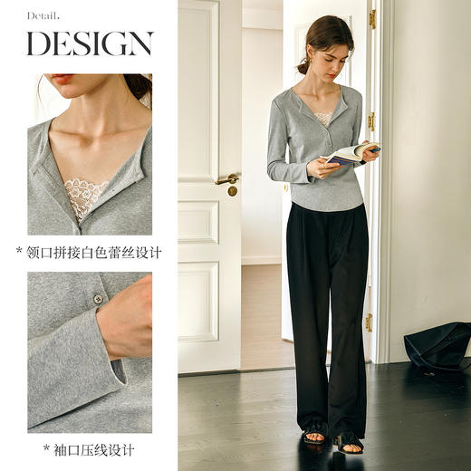 Olrain欧芮儿2025春季新款灰色蕾丝拼接设计简约法式长袖T恤女 商品图2