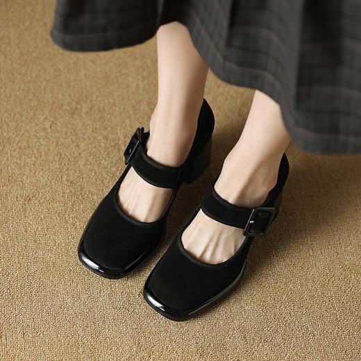 【预售5天】粗跟玛丽珍鞋女春复古小个子防水台一字带方头高跟鞋真皮单鞋DQ&DQ9029F 商品图3