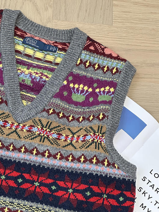 单品包邮THS-无  无补 PRL马球稀量原厂13色费尔岛雪柄无虚线提花/V领无袖针织 QY008 商品图4