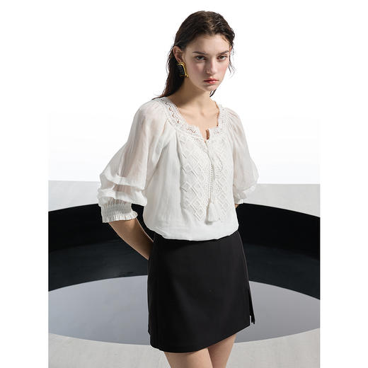 三彩2025春季新款宽松苎麻小衫衬衣两件套花边方领氛围感S 商品图1