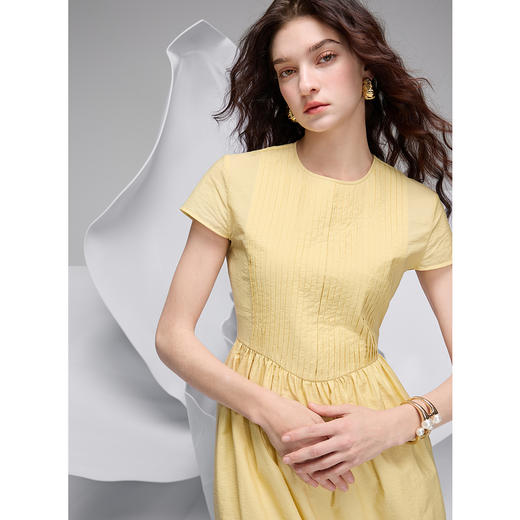 三彩2025春季新款长绒棉连衣裙圆领短袖收腰宽松长裙简约S 商品图2