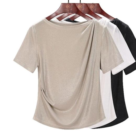 【自】全新升级【铂金会员128/天猫169/差价41】(15808) 洛诗琳醋酸短袖T恤2025新款时尚纯色一字肩显瘦醋酸烫金上衣 商品图4