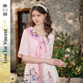 两三事梵高文艺花调游弋2025春季新款小清新印花海军领绑带t恤女S25CT352