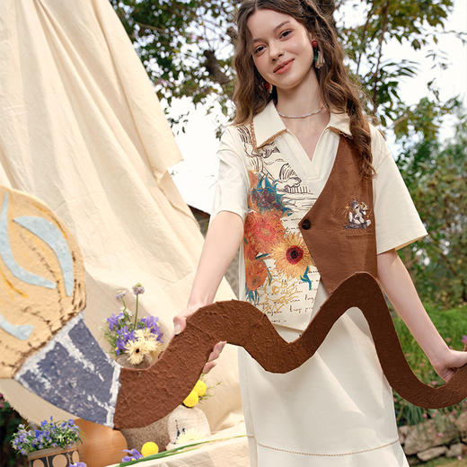 两三事梵高文艺灿灿花葵2025春季新款复古印花布拼接假两件连衣裙S25CLY377 商品图1