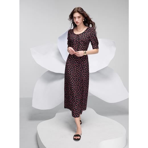 三彩2025春季新款玫瑰印花连衣裙法式浪漫长裙木耳边S 商品图3