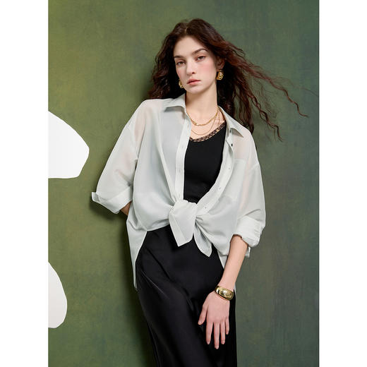 三彩2025春季新款醋酸衬衫翻领宽松衬衣轻薄开衫外套简约S 商品图1