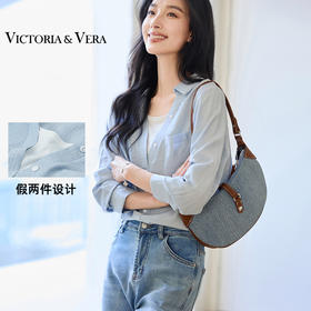 VICTORIA&VERA春季“冰萃微蓝”系列韩版百搭显瘦V领假两件竖条纹衬衫