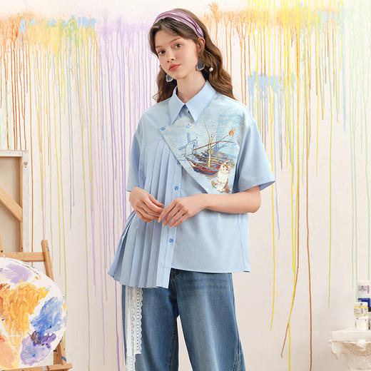 两三事梵高文艺画室晨光2025春季新款印花布拼接不对称压褶衬衫女S25CC328 商品图1