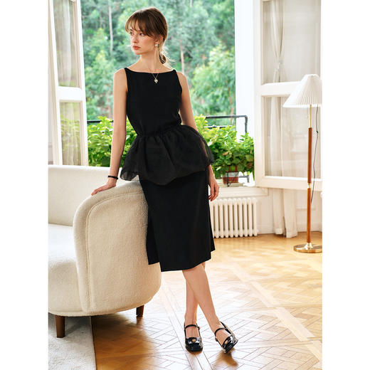 欧芮儿2025夏季新款两件式黑色一字领小礼服设计感无袖连衣裙女 商品图1