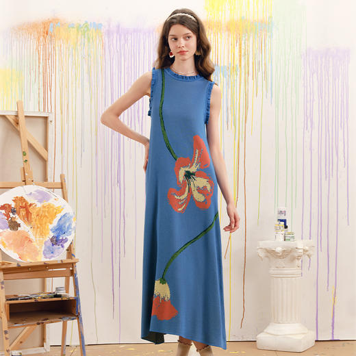 两三事梵高文艺红蓝色盘2025春季新款荷叶边花卉毛织背心裙连衣裙S25CLY314 商品图2